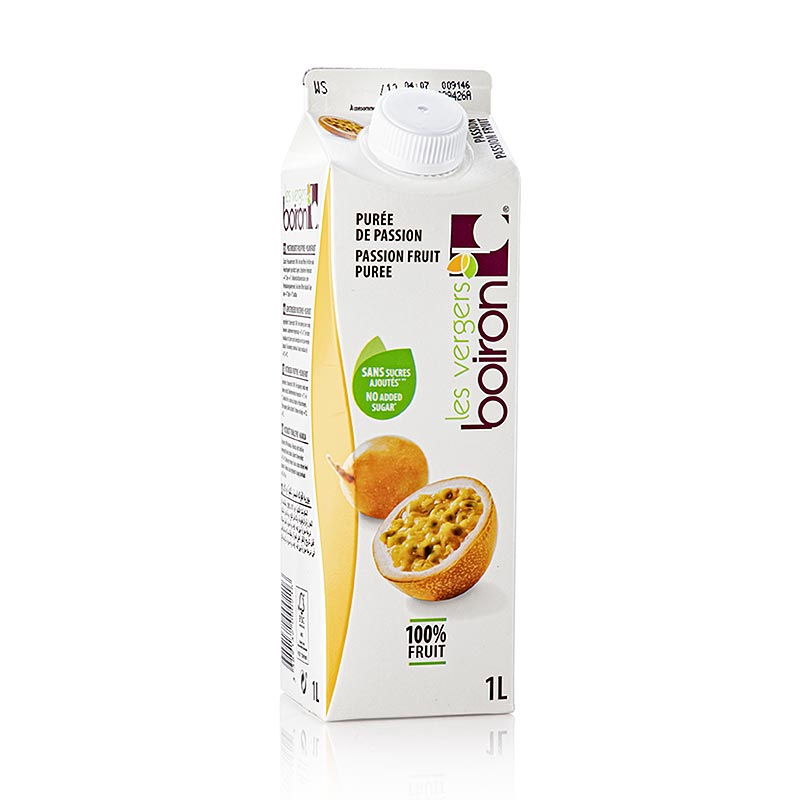 Une bouteille de 1 litre de purée de fruits de la passion Boiron, composée à 100 % de fruits pasteurisés.