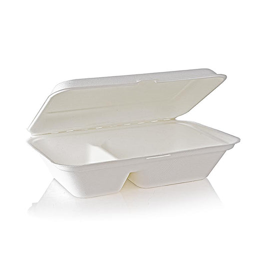 Boîte alimentaire écologique jetable avec couvercle à charnière, 2 compartiments, 249x162x63mm, paquet de 500