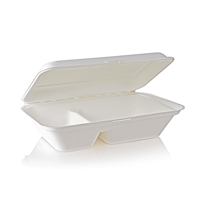 Boîte alimentaire naturelle avec couvercle à charnière, 2 compartiments séparés, dimensions 249x162x63mm, paquet de 50 pièces