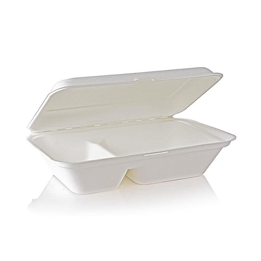 Boîte alimentaire naturelle avec couvercle à charnière, 2 compartiments séparés, dimensions 249x162x63mm, paquet de 50 pièces