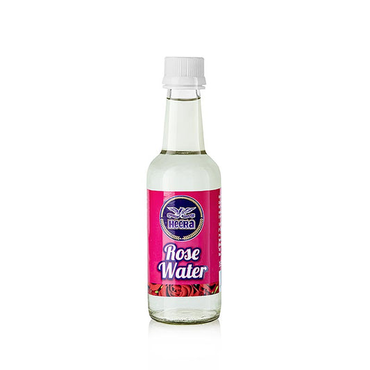 Un flacon en verre transparent de 190 ml d'eau de rose Heera, un produit de soin naturel.