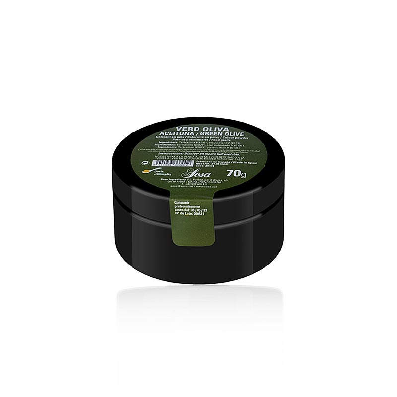 Colorant alimentaire Sosa vert olive, poudre, soluble dans l'eau (39441), 70 g - Illustration de l'emballage d'un colorant alimentaire vert olive, 70 g, soluble dans l'eau