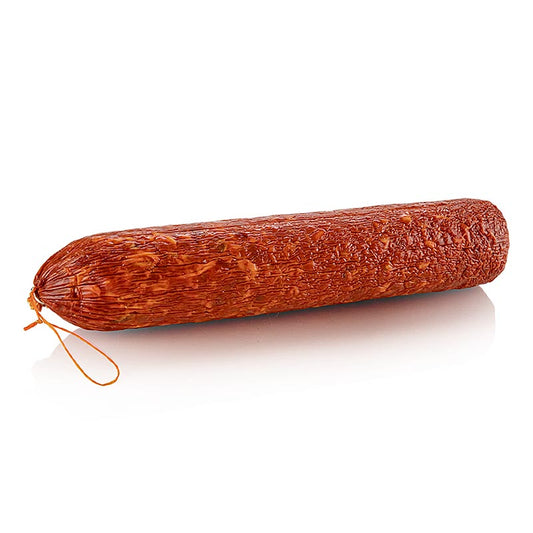 Saucisson chorizo entier, doux et sucré, d'un poids d'environ 16 kg, représenté sur l'image