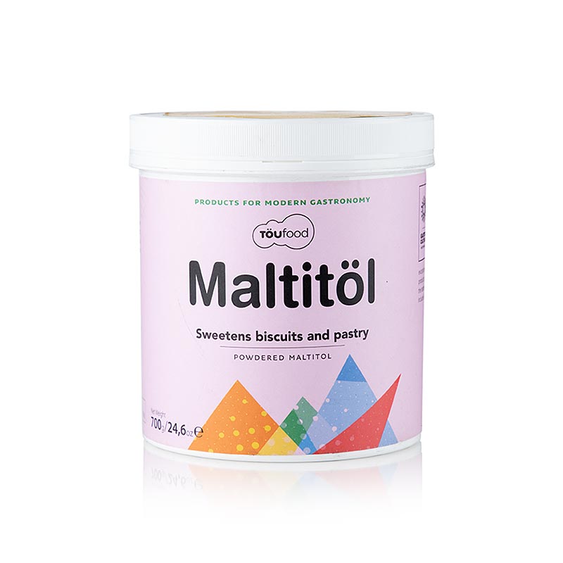 Gros plan sur le MALTITOIL de TÖUFOOD, un substitut de sucre de 700 g à base de maltitol, parfait pour la pâtisserie et les recettes à faible teneur en sucre.