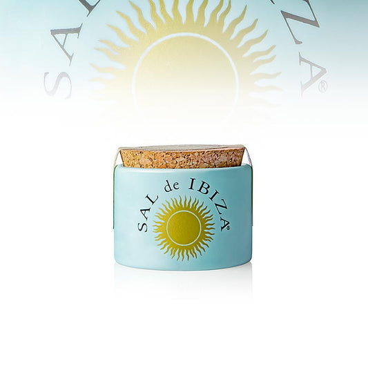 Sal de Ibiza - Sel de mer / Fleur de Sel dans un récipient en porcelaine de 285g, parfait pour la cuisine gastronomique et l'assaisonnement des plats.