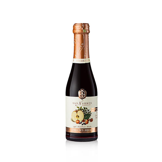 Van Nahmen Apple-Blueberry-Cerry Fruit Secco, sans alcool, 200 ml, une boisson rafraîchissante et savoureuse à base de pomme, de myrtille et de cerise, idéale pour les personnes à la recherche d'une alternative sans alcool.