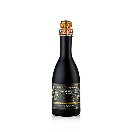 Gros plan d'une bouteille de 375 ml de Manufactuur Jörg Geiger Alcohol-free Sparkling Aecht Kimmel BIO avec une étiquette verte vibrante, présentant la boisson pétillante sans alcool.