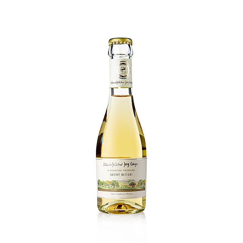 Gros plan de la bouteille de boisson pétillante sans alcool Aecht Bitter de 200 ml de Jörg Geiger avec une étiquette élégante.