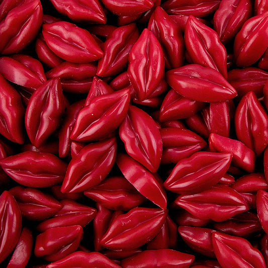 Délicieuses lèvres en chocolat rouge mesurant 3x1,5cm (77564), emballées dans une boîte de 386g avec 177 pièces.