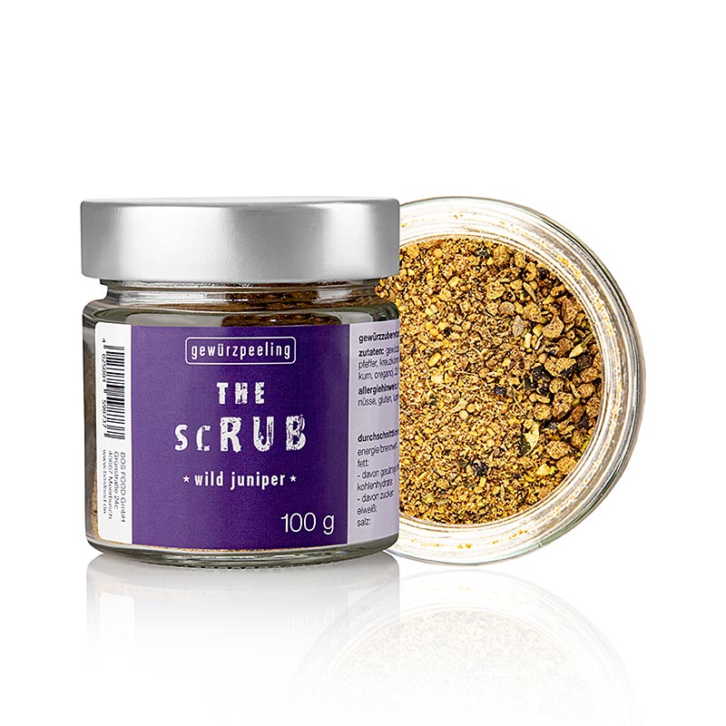 Photographie de l'emballage du produit Serious Taste the bush - Wild juniper berries by Ernst Petry, 100 g, présentant les baies de genévrier sauvage et le nom de la marque.