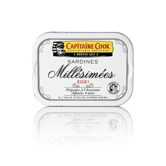 Sardines entières conservées dans de l'huile d'olive de haute qualité, récoltées en 2021, de Capitaine Cook, France, 115g
