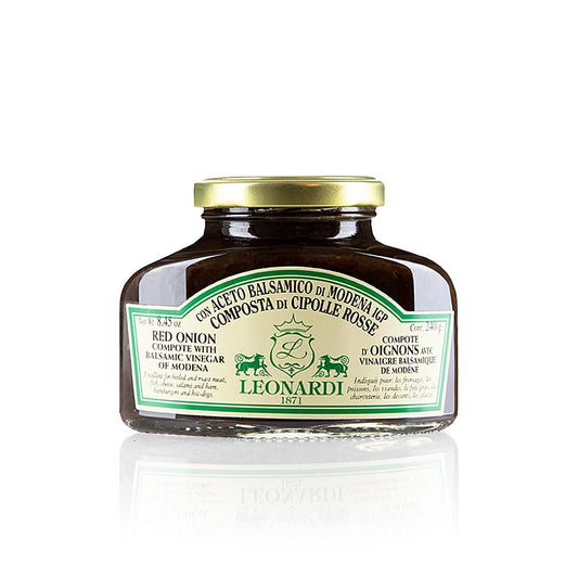 Bocal contenant 250 grammes de délicieuse compote d'oignons rouges au Balsamico di Modena de Leonardi, parfaite pour une dégustation gourmande.