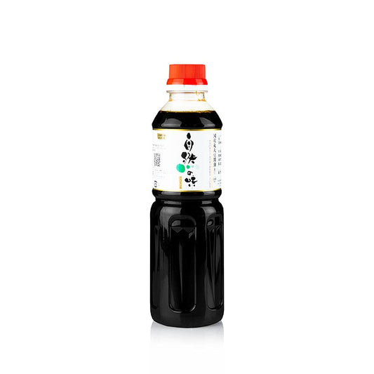 Une bouteille de 500 ml de sauce soja - Shoyu Koikuchi Premium, foncée, Morita, à la couleur riche et foncée et à la saveur prononcée.