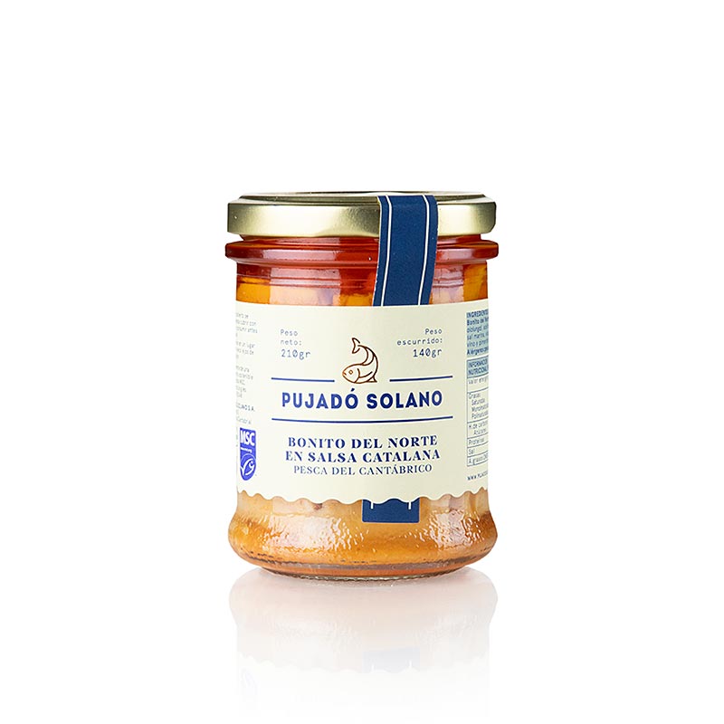 Bonito del Norte en Salsa Catalana, une boîte de 210 g de thon Pujado Solano (thon) dans une marinade savoureuse et aromatique, parfaite pour ajouter une touche espagnole à vos repas.
