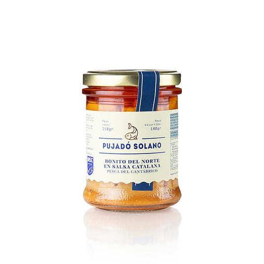 Bonito del Norte en Salsa Catalana, une boîte de 210 g de thon Pujado Solano (thon) dans une marinade savoureuse et aromatique, parfaite pour ajouter une touche espagnole à vos repas.