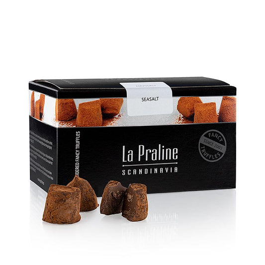 Photo de La Praline Fancy Truffles, délicieuses truffes au chocolat et au sel de mer en provenance de Suède, emballées dans une boîte de 200 grammes.