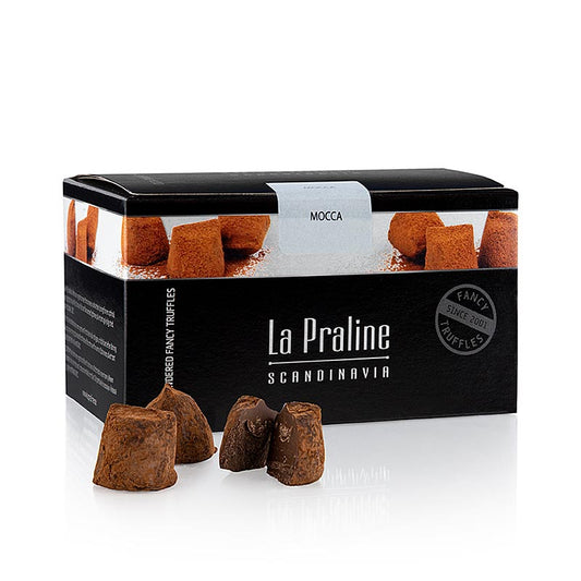 Photo de La Praline Fancy Truffles, délicieuses truffes au chocolat au goût de moka (café), emballées dans une boîte de 200 g, fabriquées en Suède.