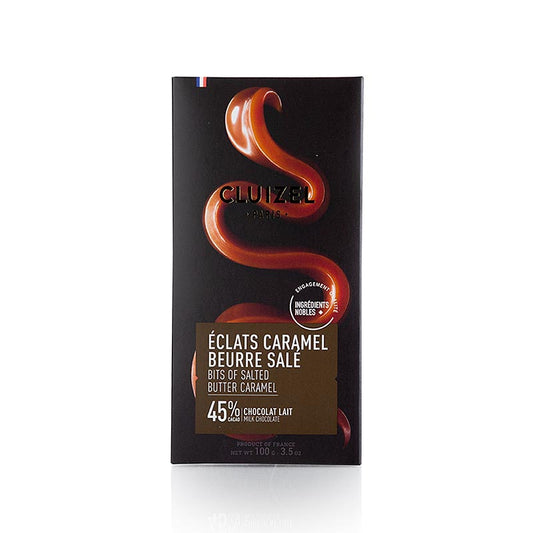 Image de la barre de chocolat Michel Cluizel Caramel Beurre Sale 45% lait, une barre de chocolat au lait de 100 g avec du caramel salé, emballée dans un emballage élégant.