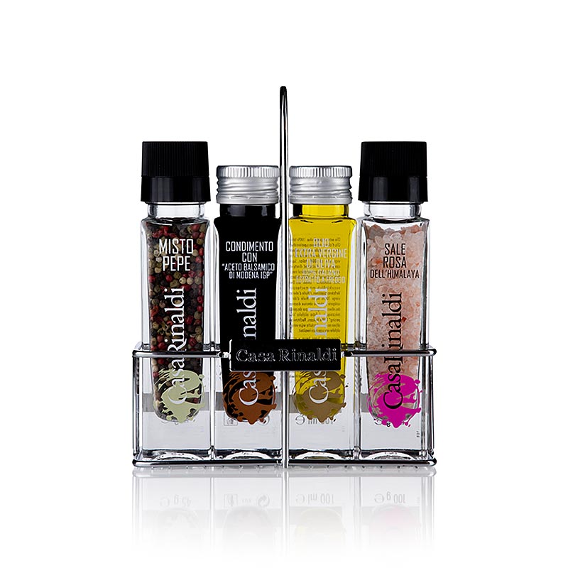 Set de burettes Casa Rinaldi avec huile d'olive extra vierge, vinaigre balsamique, poivre coloré et sel, 1,56 kg, 4 pièces - parfait pour ajouter de la saveur à vos plats