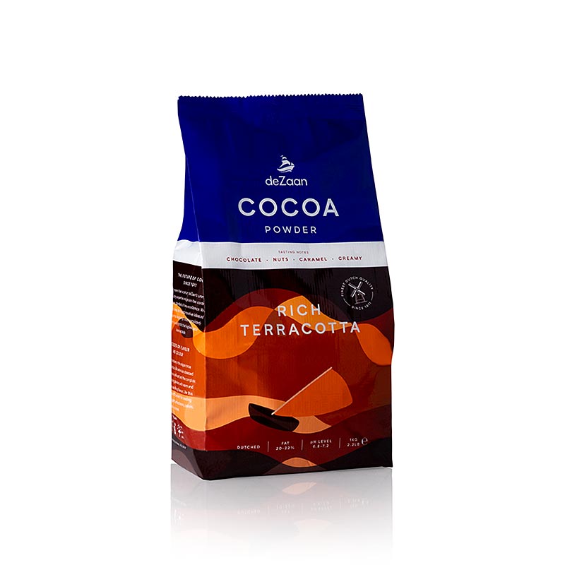 Alt text : Rich Terracotta poudre de cacao, dégraissé léger, 20-22% de matière grasse, deZaan, 1 kg - poudre de cacao dégraissé léger de haute qualité deZaan dans un emballage de 1 kg