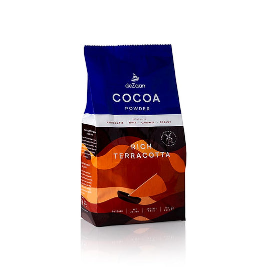 Alt text : Rich Terracotta poudre de cacao, dégraissé léger, 20-22% de matière grasse, deZaan, 1 kg - poudre de cacao dégraissé léger de haute qualité deZaan dans un emballage de 1 kg