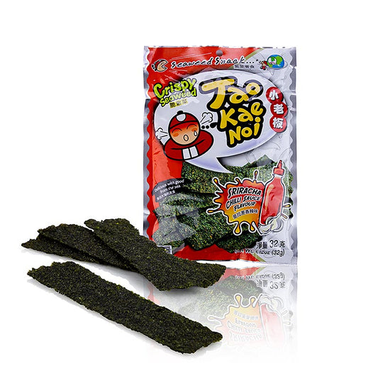 Taokaenoi Crispy Seaweed Sriracha, 32 g, un snack d'algues délicieux et épicé avec une saveur de sauce chili, parfait pour un croquant savoureux et satisfaisant.