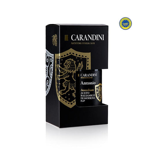 Carandini Aceto Balsamic Modena PGI, Antonio, invecchiato (coffret cadeau), 250 ml - Une délicieuse bouteille de 250 ml d'authentique vinaigre balsamique vieilli de Modène, présentée dans un magnifique coffret cadeau.
