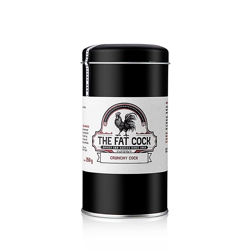 The Fat Rooster - Crispy Rooster, sel aux herbes, 350g emballage produit avec texte et image du poulet croustillant