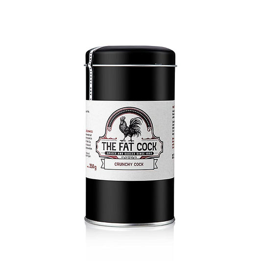 The Fat Rooster - Crispy Rooster, sel aux herbes, 350g emballage produit avec texte et image du poulet croustillant