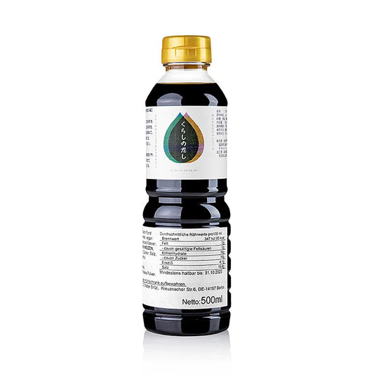 Bouillon dashi concentré, foncé, végétalien, Fueki-Shoyu, Japon, 500 ml - Une bouteille de 500 ml de bouillon dashi concentré foncé végétalien fabriqué au Japon par Fueki-Shoyu.
