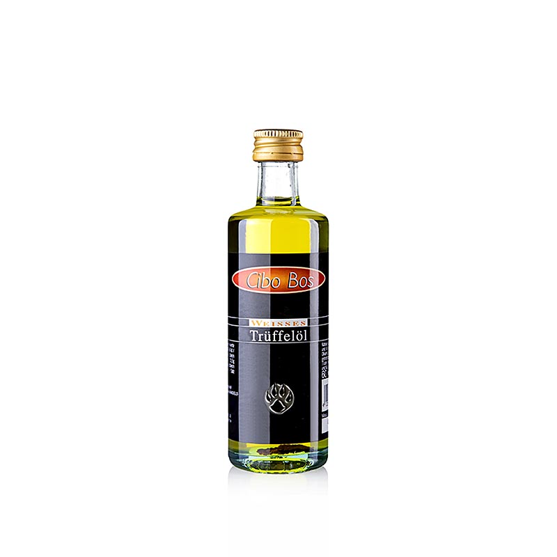Une bouteille de 60 ml d'huile d'olive extra vierge CIBO BOS au goût de truffe blanche, idéale pour rehausser le goût de vos plats.