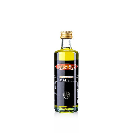 Une bouteille de 60 ml d'huile d'olive extra vierge CIBO BOS au goût de truffe blanche, idéale pour rehausser le goût de vos plats.