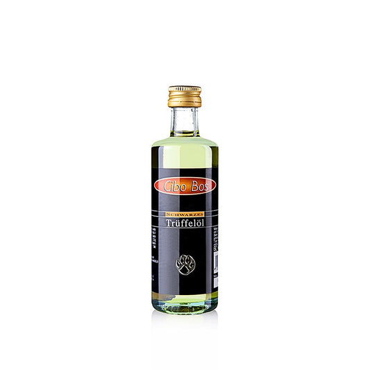 Huile d'olive CIBO BOS de haute qualité au goût riche et terreux de truffe noire, dans une bouteille pratique de 60 ml.