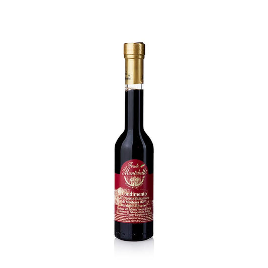 Bouteille de 250 ml de Condimento Balsamico AS ABM, Fondo Montebello, idéal pour les salades et les marinades, fabriqué selon des méthodes traditionnelles à Modène, en Italie.