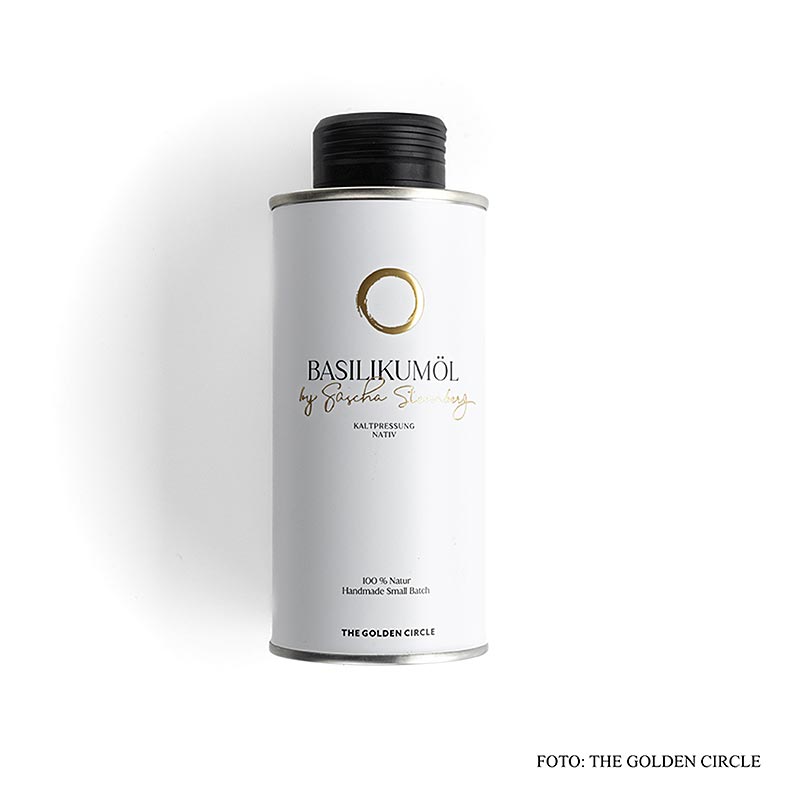 Bouteille de 250 ml d'huile de basilic de Sascha Stemberg, LE CERCLE D'OR, une huile de basilic de haute qualité parfaite pour agrémenter vos préparations culinaires.