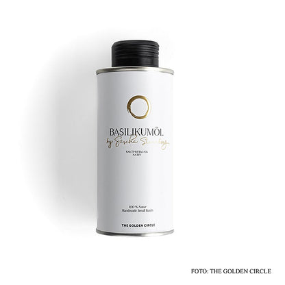 Bouteille de 250 ml d'huile de basilic de Sascha Stemberg, LE CERCLE D'OR, une huile de basilic de haute qualité parfaite pour agrémenter vos préparations culinaires.