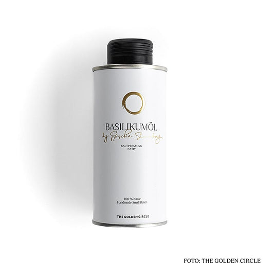 Bouteille de 250 ml d'huile de basilic de Sascha Stemberg, LE CERCLE D'OR, une huile de basilic de haute qualité parfaite pour agrémenter vos préparations culinaires.