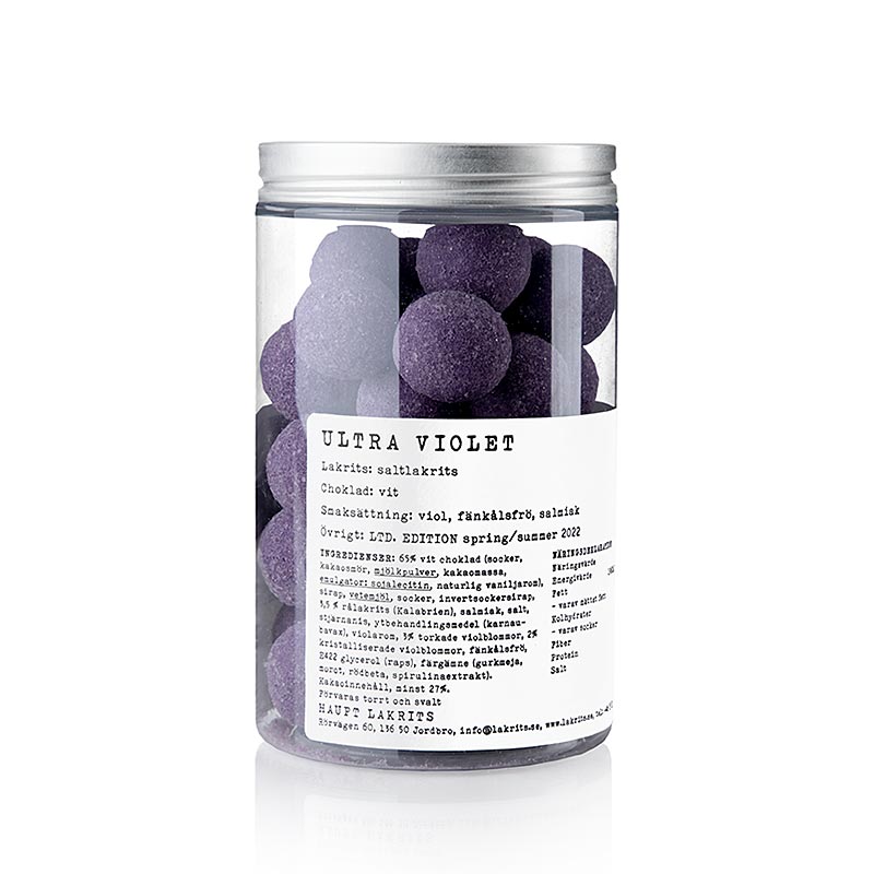 Paquet de 250 g de Haupt drop ULTRA VIOLET, une réglisse suédoise salée à l'arôme de violette, idéale pour les amateurs de réglisse.