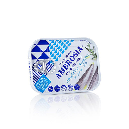 Sardines à l'huile, de la mer Égée, conditionnées en boîte Ambrosia de 105 g