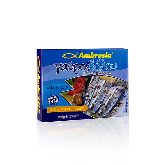 Anchois à l'origan et à l'ail, un délice savoureux de la mer Égée, Ambrosia, 100 g, emballé dans un emballage soigneusement conçu