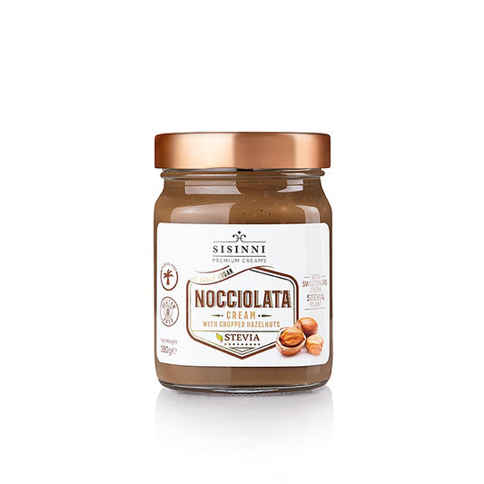 Crème Nocciolata, crème de noisettes avec stévia et morceaux, Sisinni, 380 g - une crème de noisettes délicieuse et saine avec stévia et morceaux de noisettes, parfaite pour le pain ou comme garniture pour les desserts.