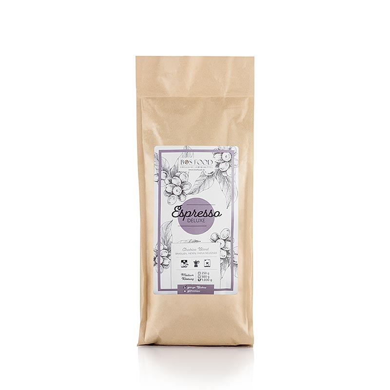 Sac de mélange de café en grains BOS FOOD Espresso Deluxe Arabica dans un emballage de 1 kg