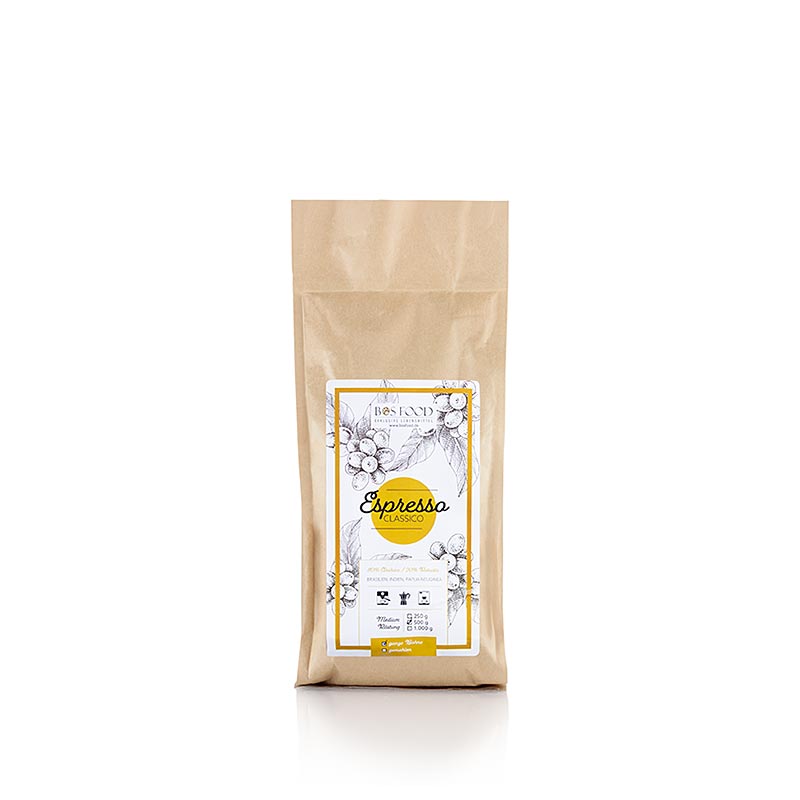 500 grammes BOS FOOD - Mélange de café Espresso Classico avec 20% de Robusta, grains entiers