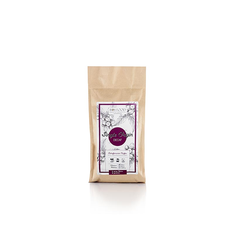 Un sachet de café décaféiné BOS FOOD Single Origin, 250 g de grains entiers, parfait pour ceux qui recherchent une option sans caféine.