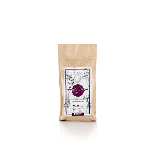 Un sachet de café décaféiné BOS FOOD Single Origin, 250 g de grains entiers, parfait pour ceux qui recherchent une option sans caféine.