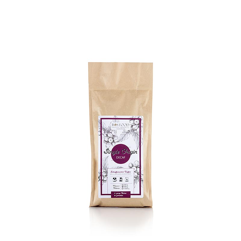 BOS FOOD - Café d'origine unique - Décaféiné, grain entier, 500 g - Image d'un paquet de 500 g de café d'origine unique décaféiné de BOS FOOD