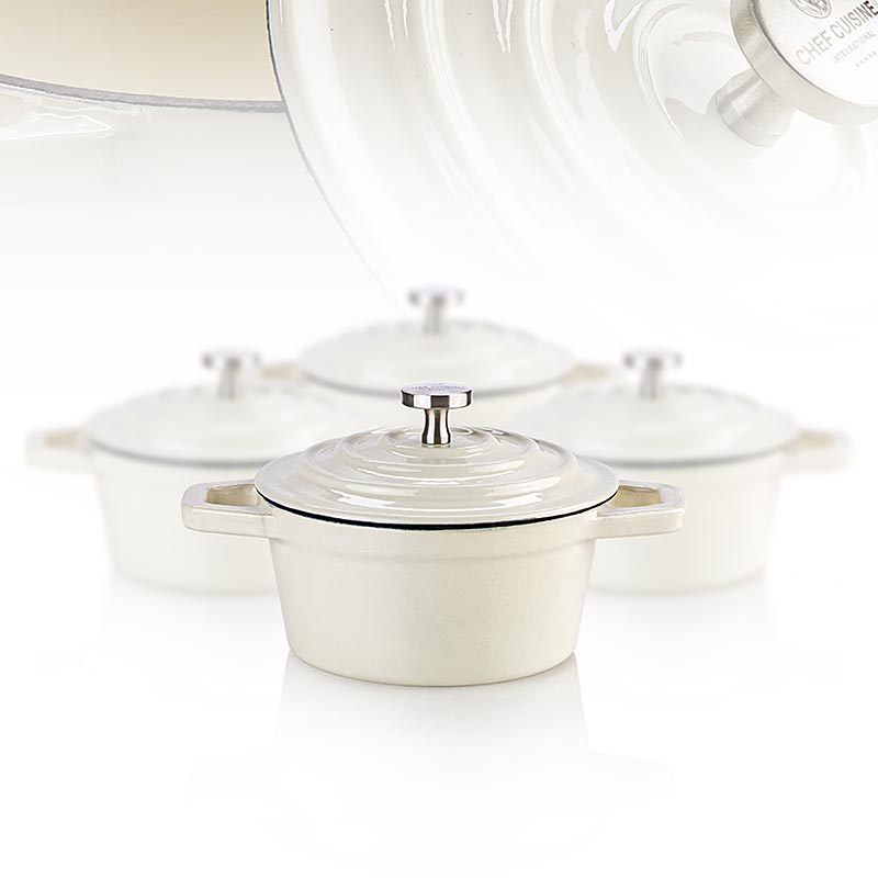 Mini cocotte Chef Cuisine en fonte/émail beige, 4 pièces, parfaite pour cuisiner et servir des portions individuelles