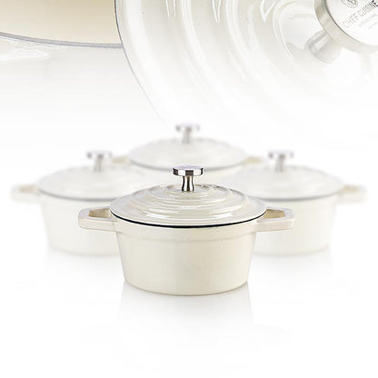 Mini cocotte Chef Cuisine en fonte/émail beige, 4 pièces, parfaite pour cuisiner et servir des portions individuelles