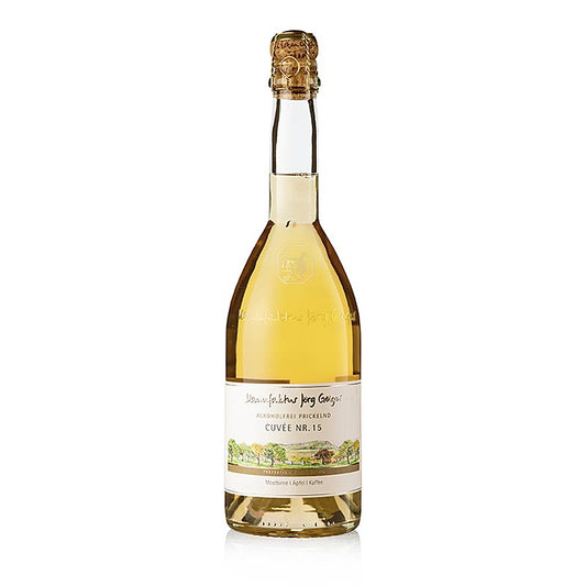 Bouteille de 750 ml de Manufactuur Jörg Geiger Cuvée 15 Mousseux sans alcool avec un design d'étiquette élégant, parfait pour les amateurs de vin mousseux sans alcool
