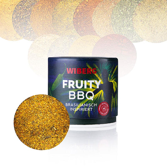 Wiberg Fruity BBQ, un mélange d'épices de 95 g inspiré du Brésil, parfait pour ajouter une saveur fruitée et acidulée à vos plats de barbecue.